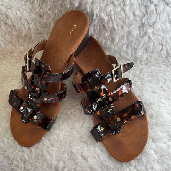 VIONIC RADIA Tortoise Patent Adjustable Strap Wedge Sandals Size 9 - Picture 2 of 10
